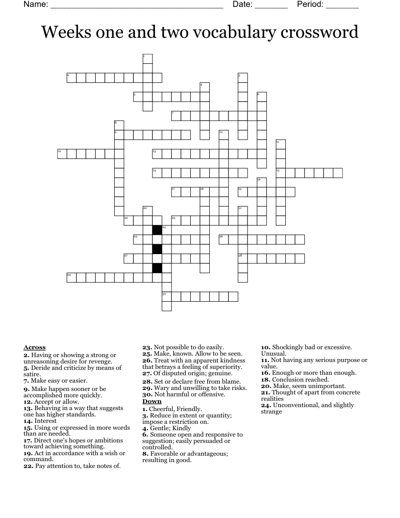 Weeks one and two vocabulary crossword