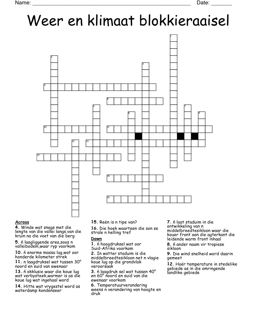 Weer en klimaat blokkieraaisel Crossword