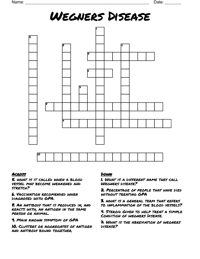 Wegners Disease Crossword