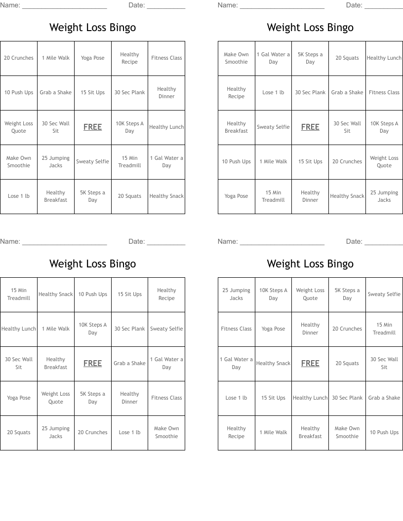 Weight Loss Bingo