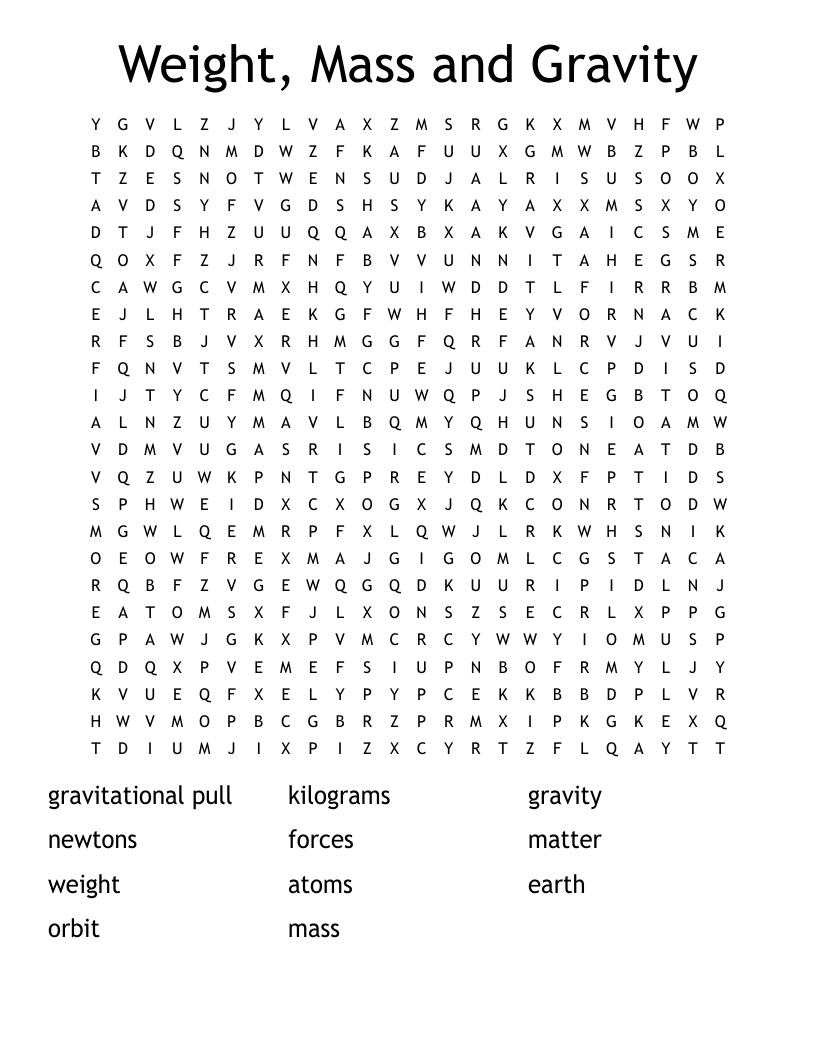 Weight, Mass and Gravity Word Search
