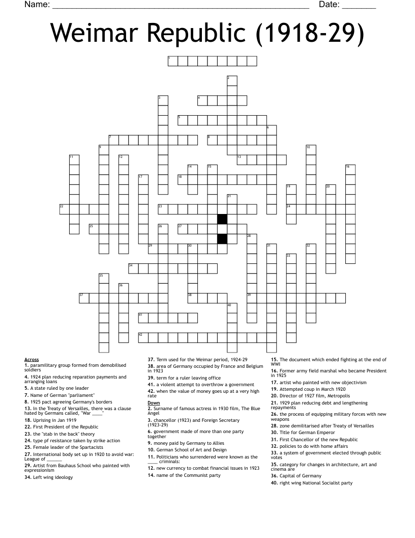 Weimar Republic (1918-29) Crossword