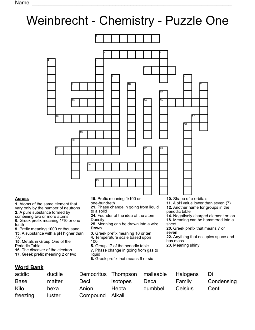 Weinbrecht - Chemistry - Puzzle One Crossword