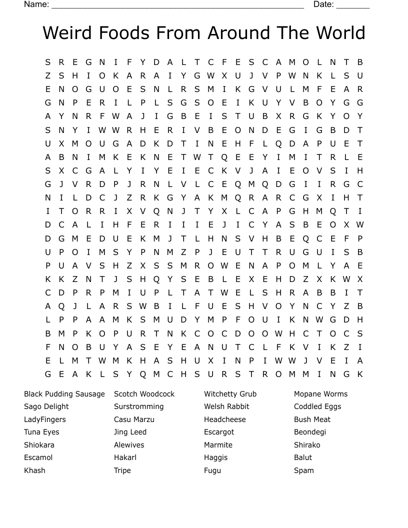 Weird Foods From Around The World Word Search