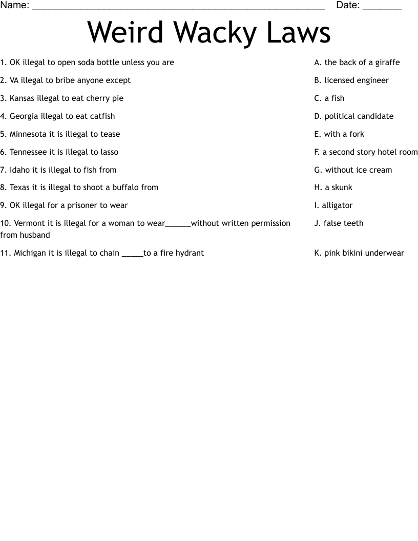 Weird Wacky Laws Worksheet