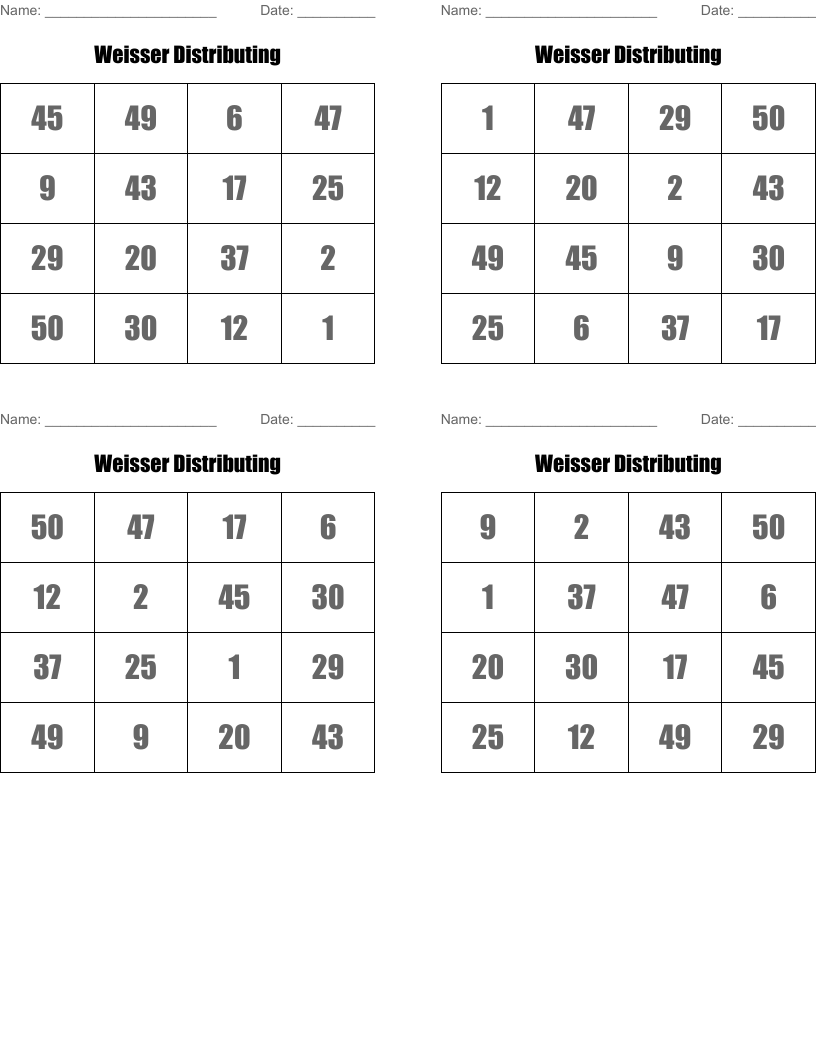 Weisser Distributing Bingo Cards
