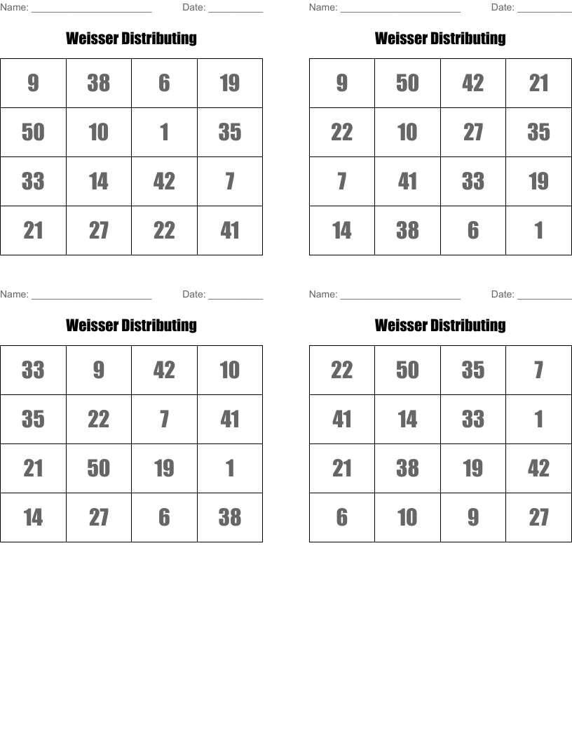 Weisser Distributing Bingo Cards