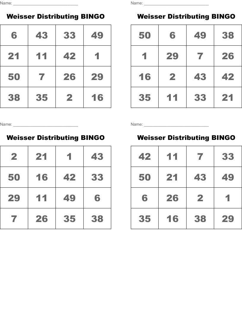 Weisser Distributing BINGO