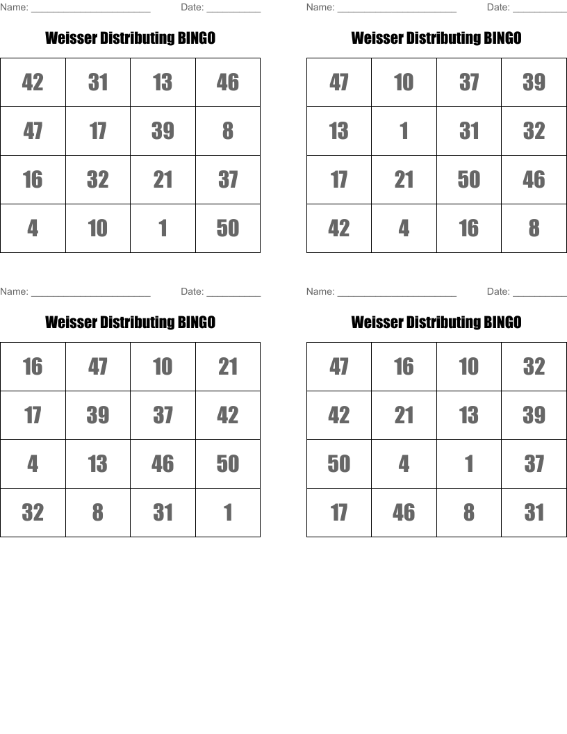Weisser Distributing BINGO