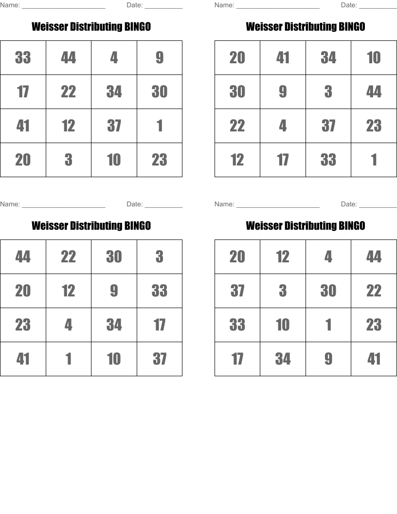 Weisser Distributing BINGO