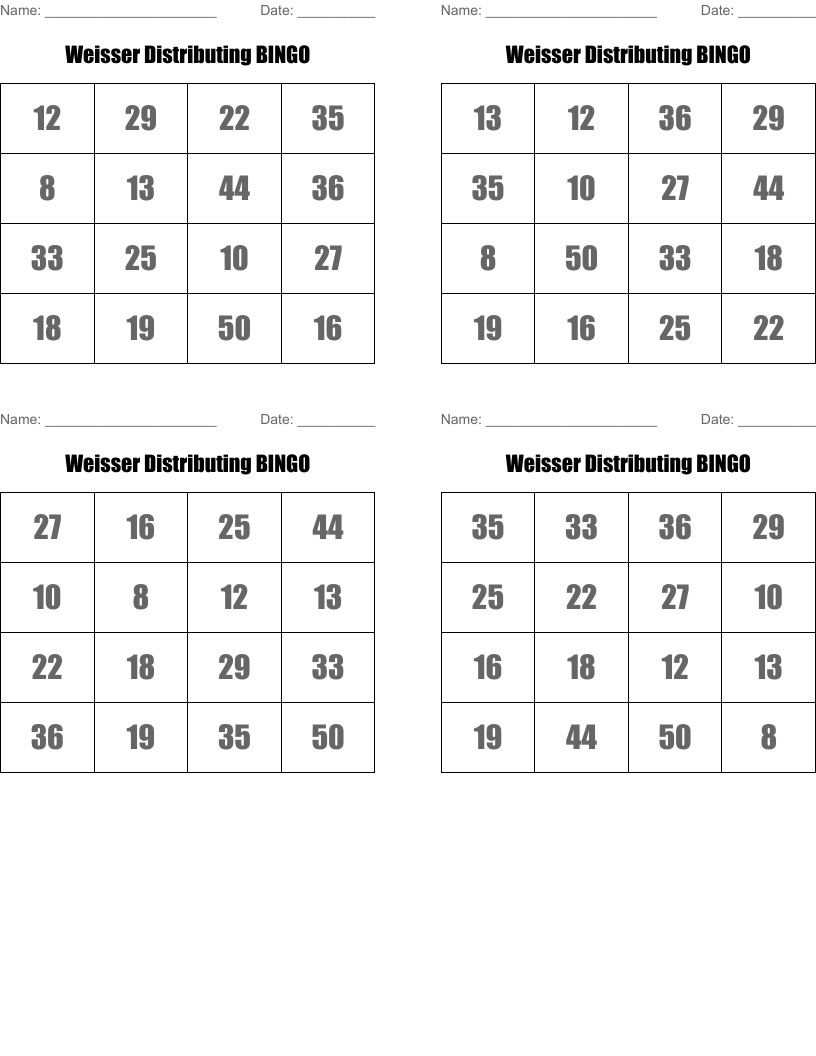 Weisser Distributing BINGO