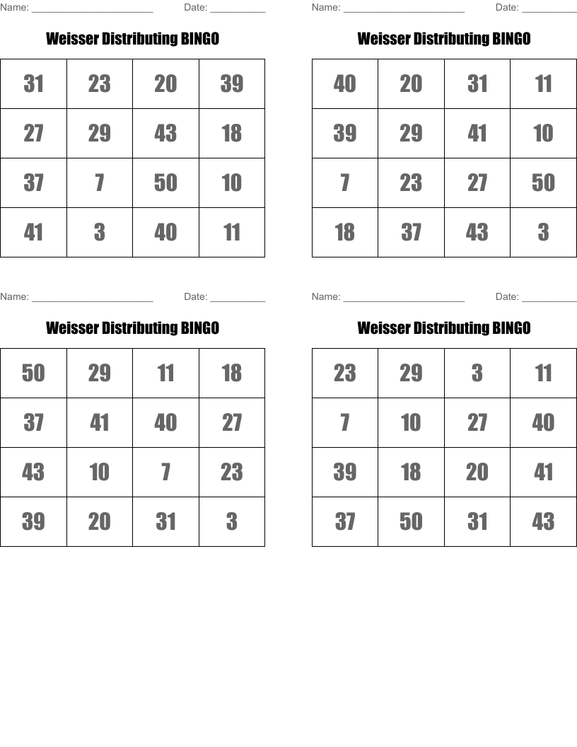 Weisser Distributing BINGO