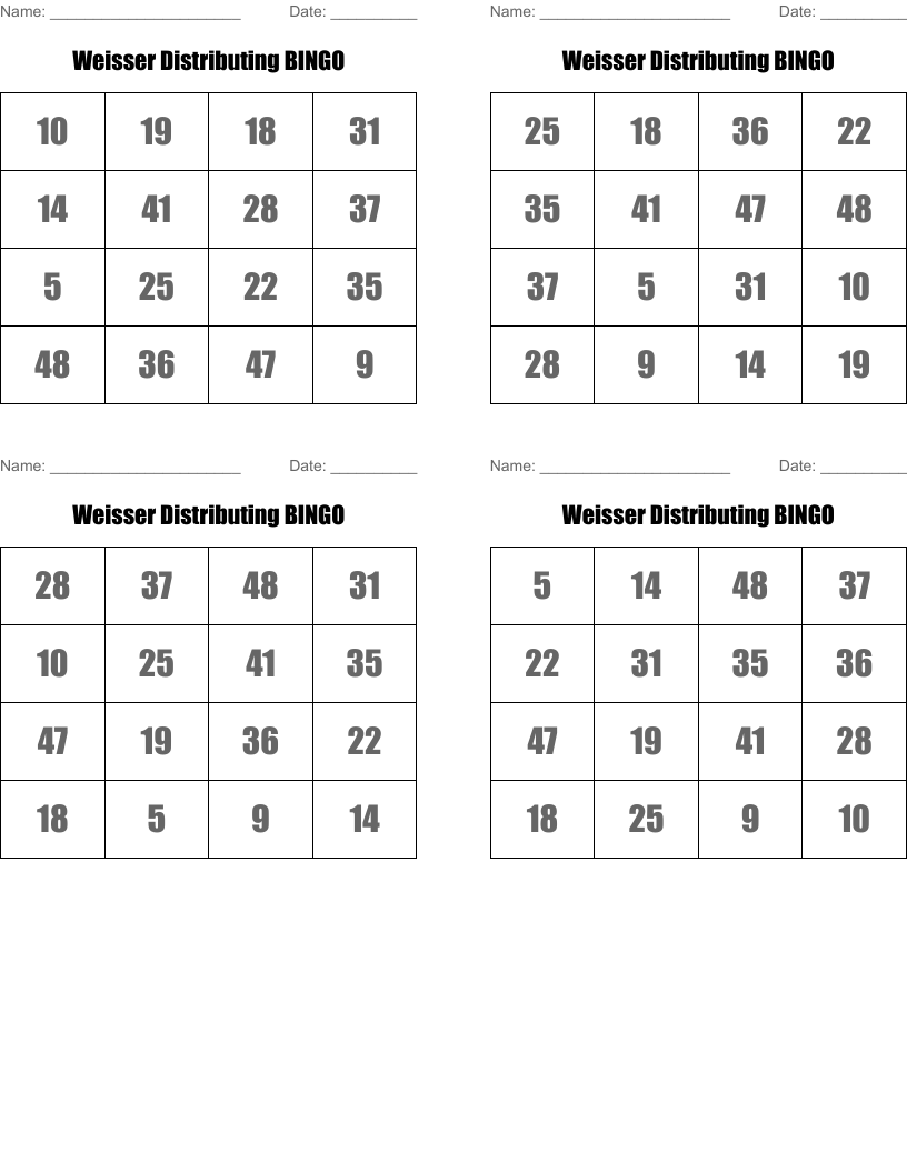 Weisser Distributing BINGO
