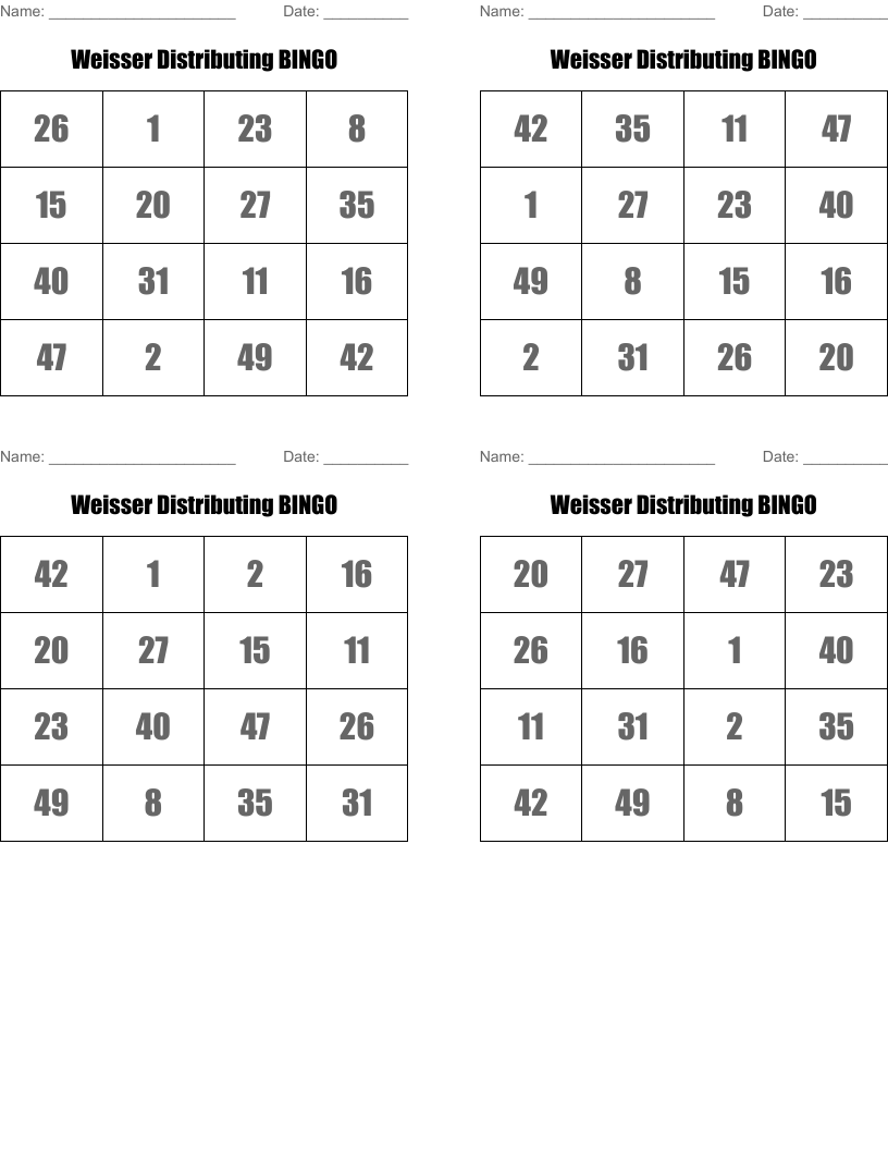 Weisser Distributing BINGO