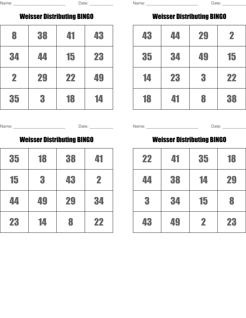 Weisser Distributing BINGO