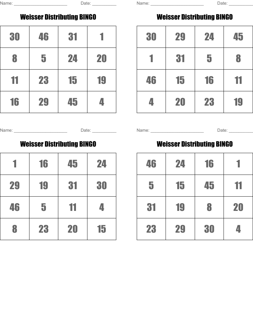 Weisser Distributing BINGO