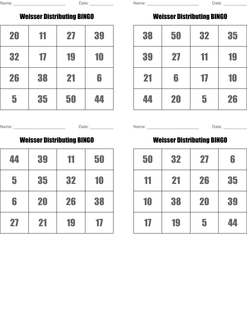 Weisser Distributing BINGO