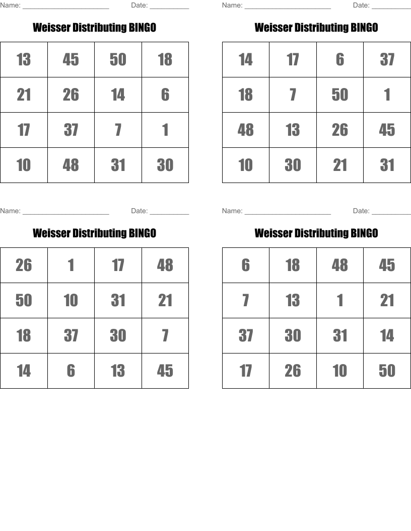 Weisser Distributing BINGO