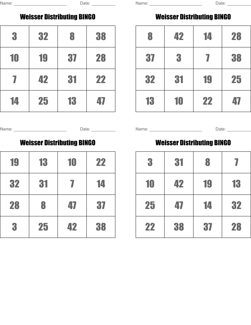 Weisser Distributing BINGO