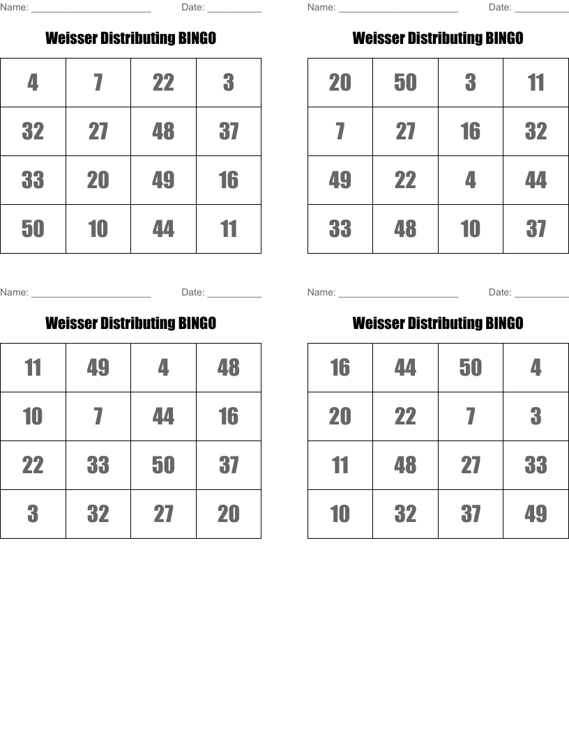 Weisser Distributing BINGO