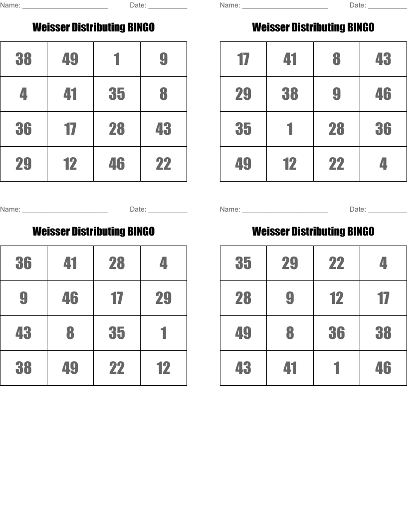 Weisser Distributing BINGO