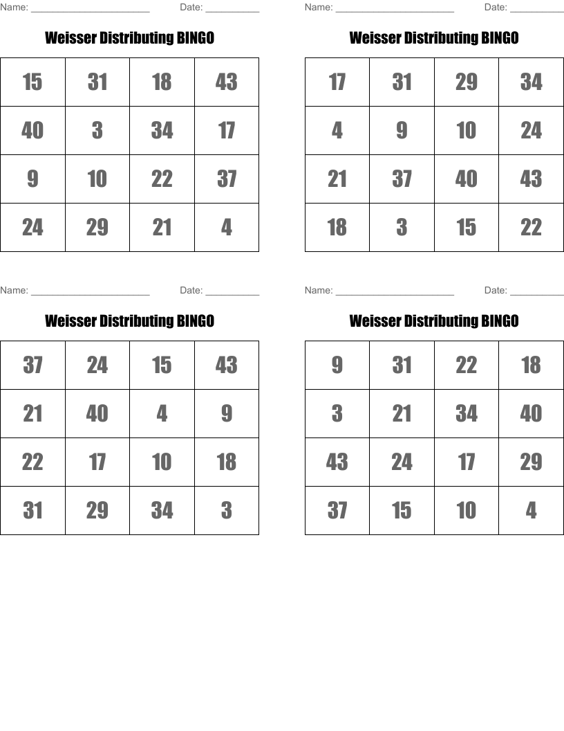 Weisser Distributing BINGO