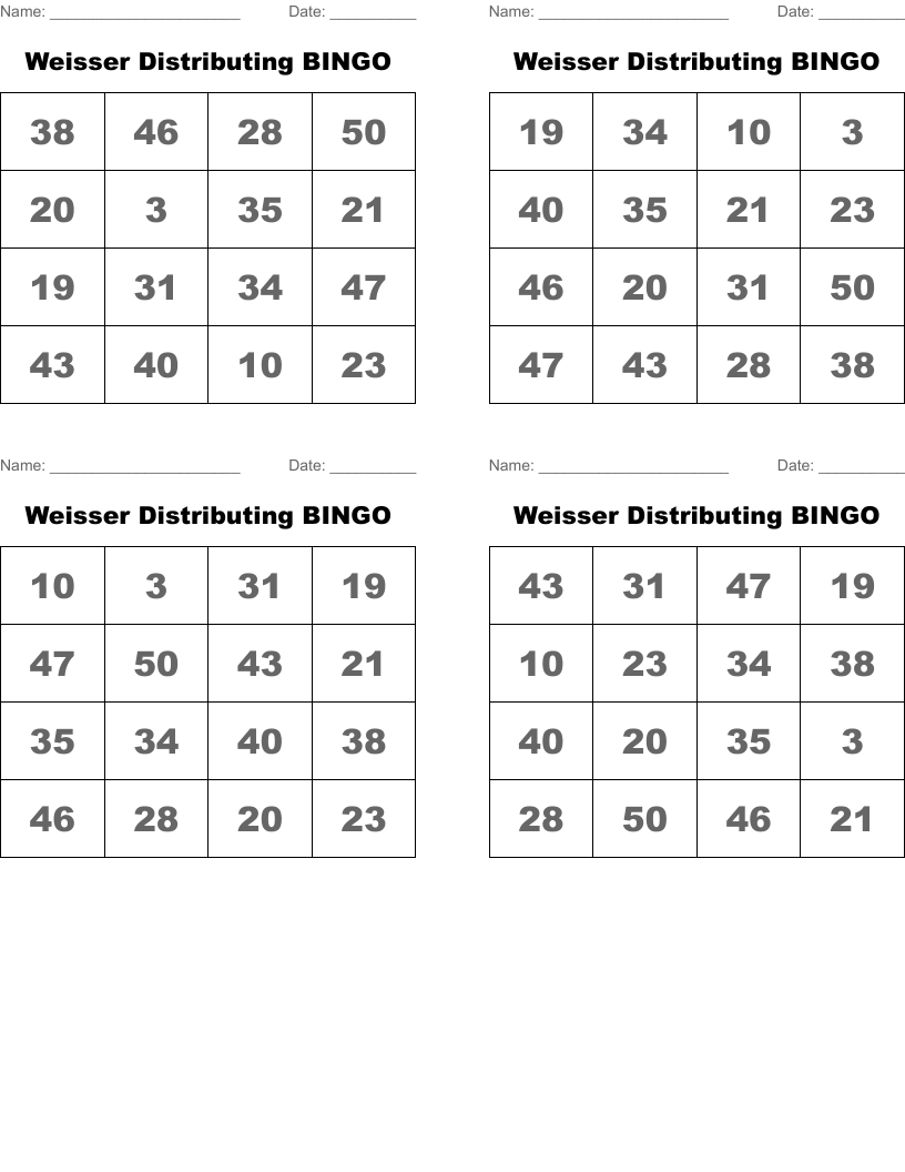Weisser Distributing BINGO