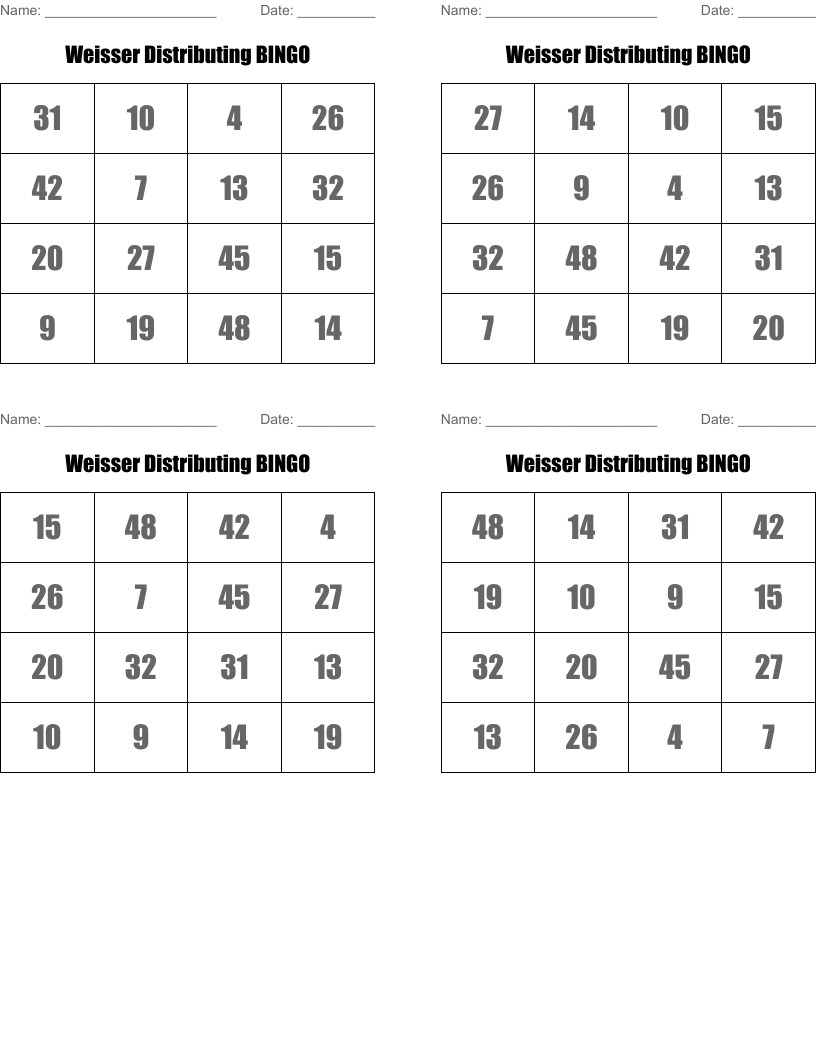 Weisser Distributing BINGO