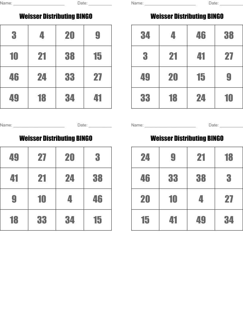 Weisser Distributing BINGO