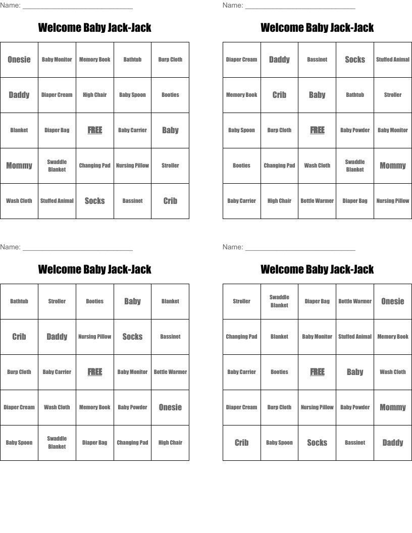 Welcome Baby Jack-Jack Bingo Cards