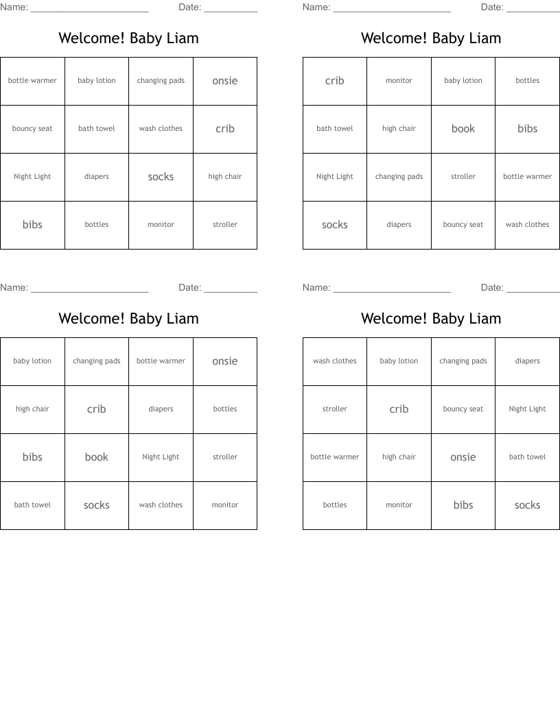 Welcome! Baby Liam Bingo Cards