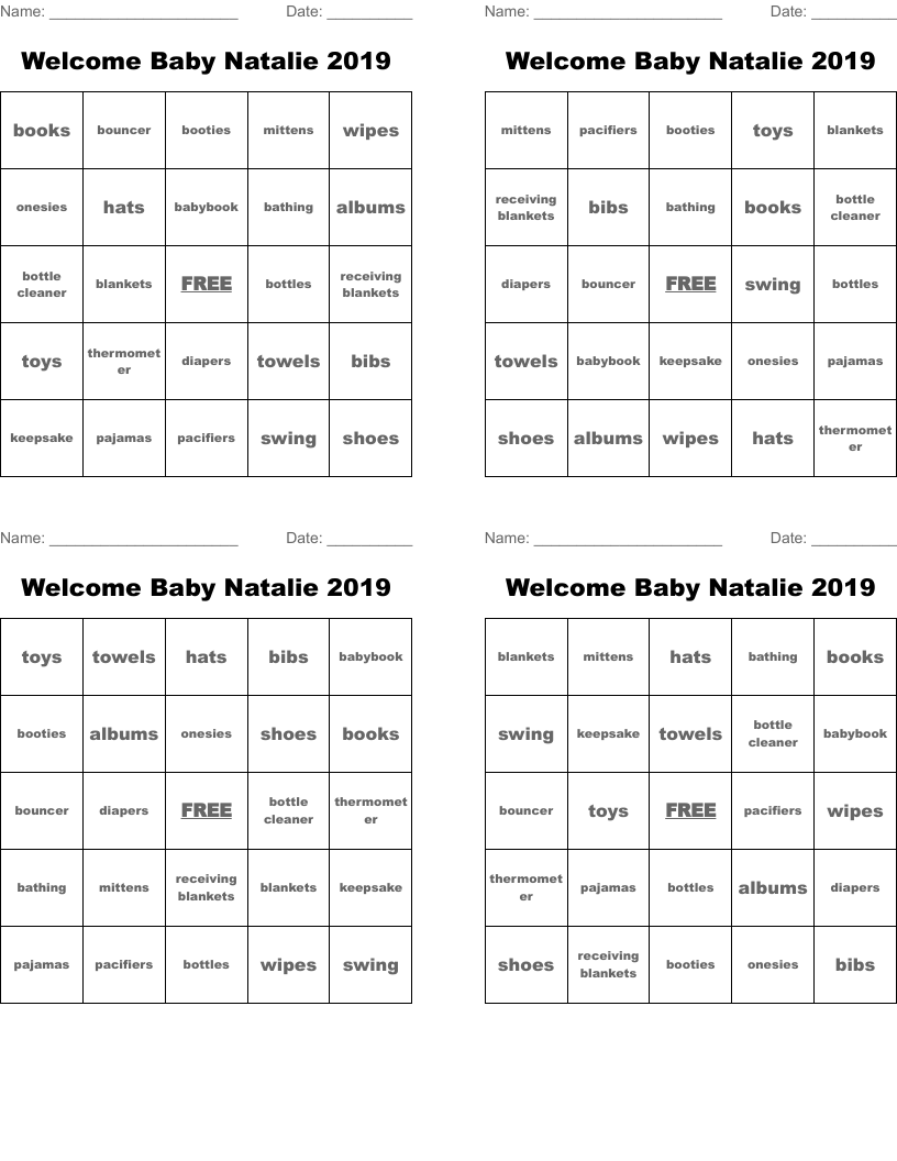 Welcome Baby Natalie 2019 Bingo Cards
