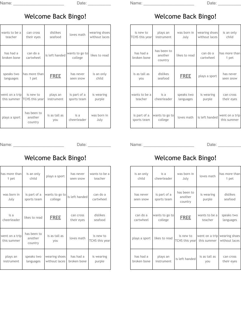 Welcome Back Bingo!