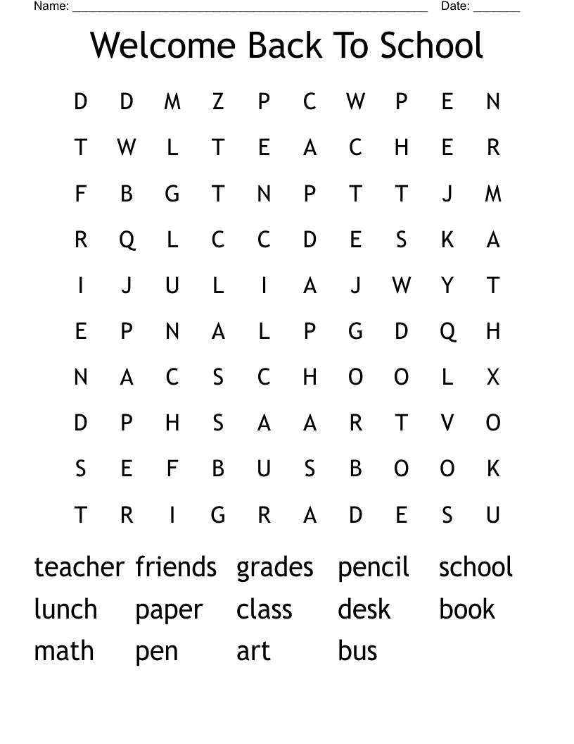 Welcome Back To School Word Search
