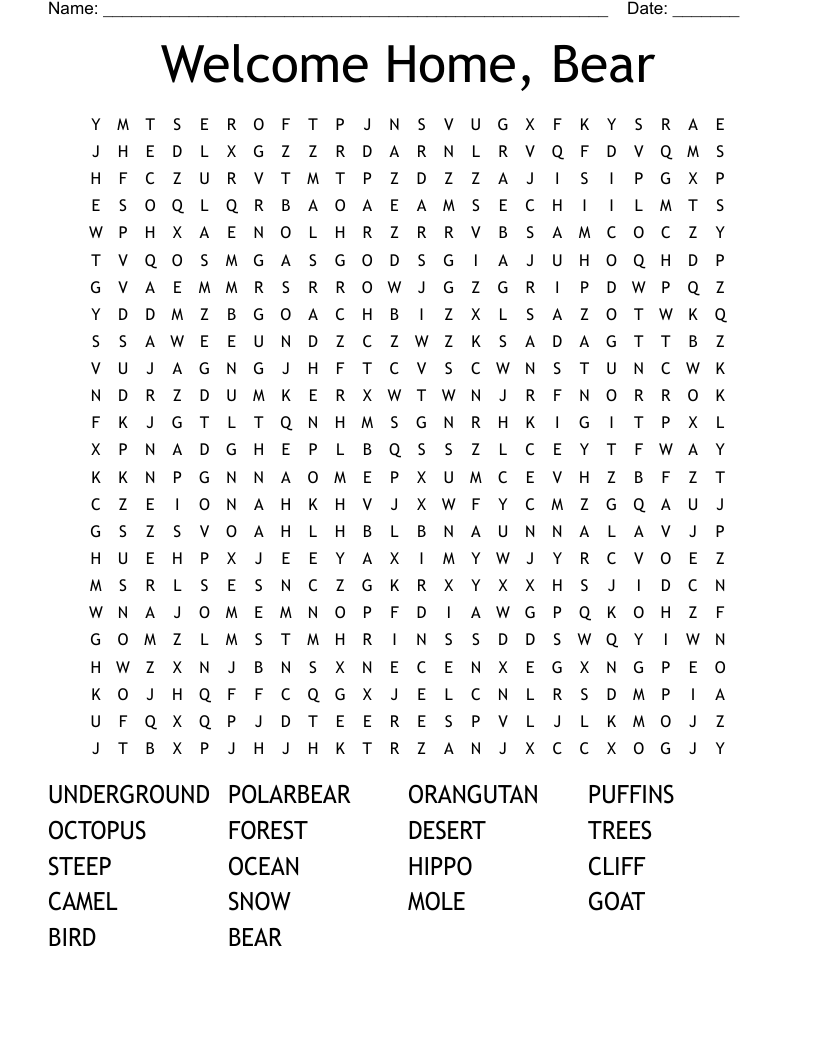 Welcome Home, Bear Word Search