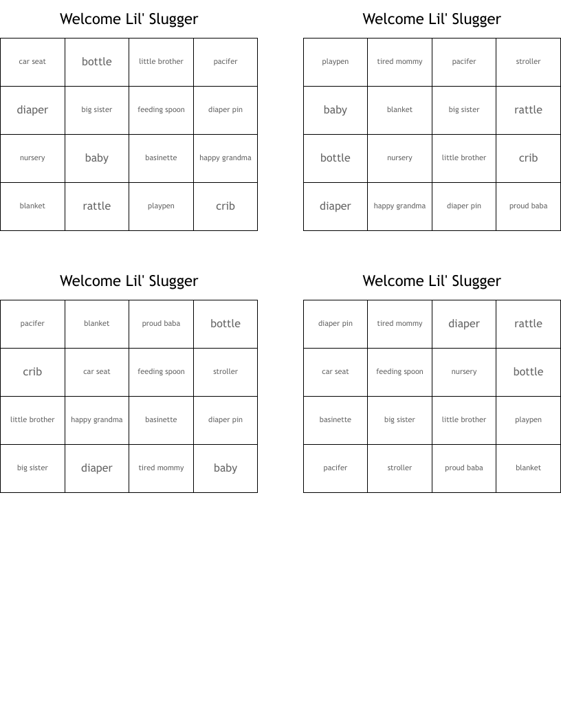 Welcome Lil' Slugger Bingo Cards