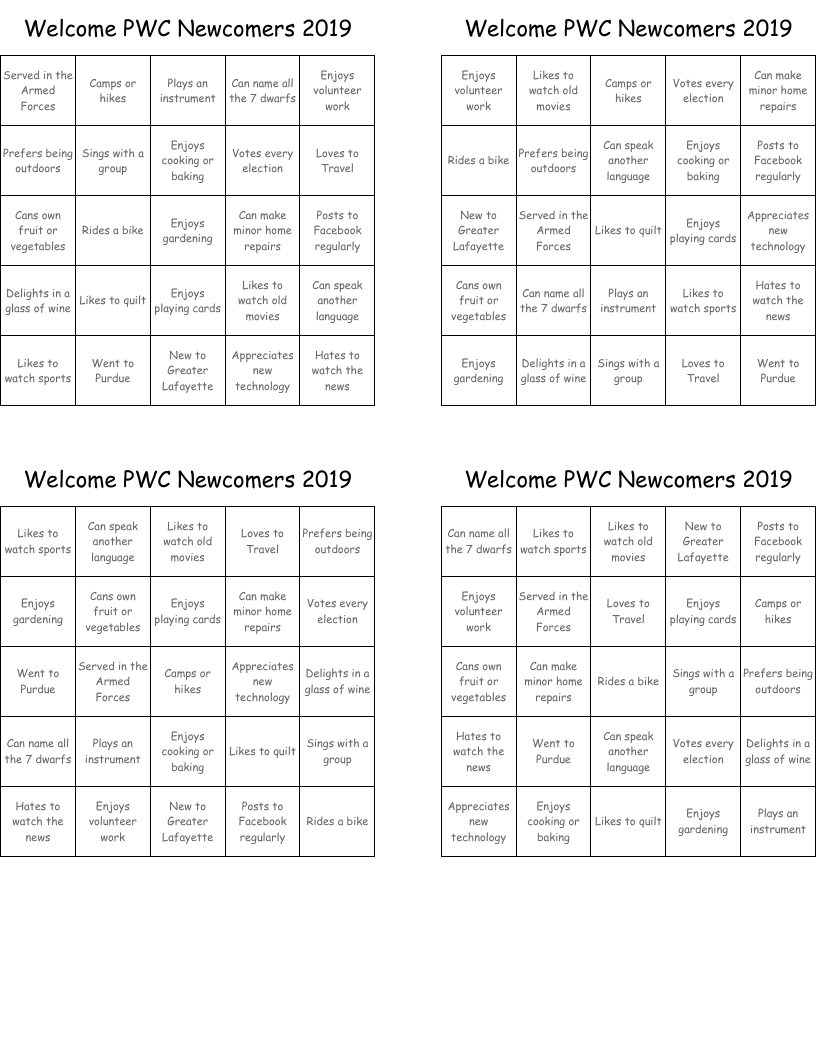 Welcome PWC Newcomers            2019 Bingo Cards