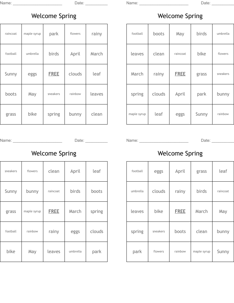 Welcome Spring Bingo Cards