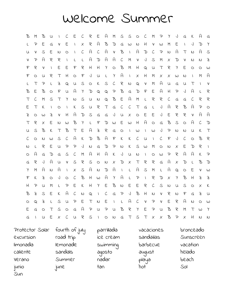 Welcome Summer Word Search