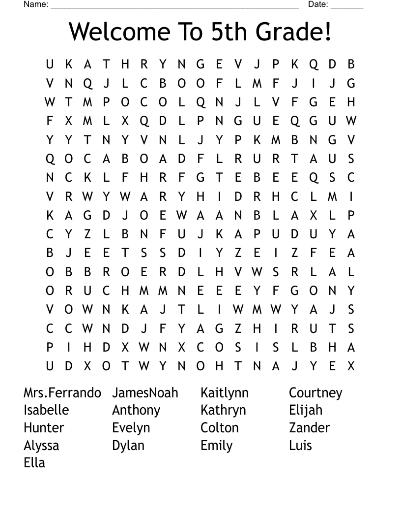 Welcome To 5th Grade! Word Search