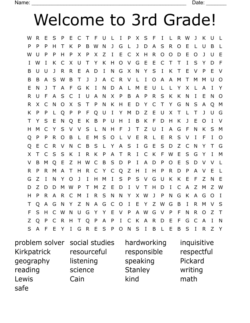 Welcome to 3rd Grade! Word Search
