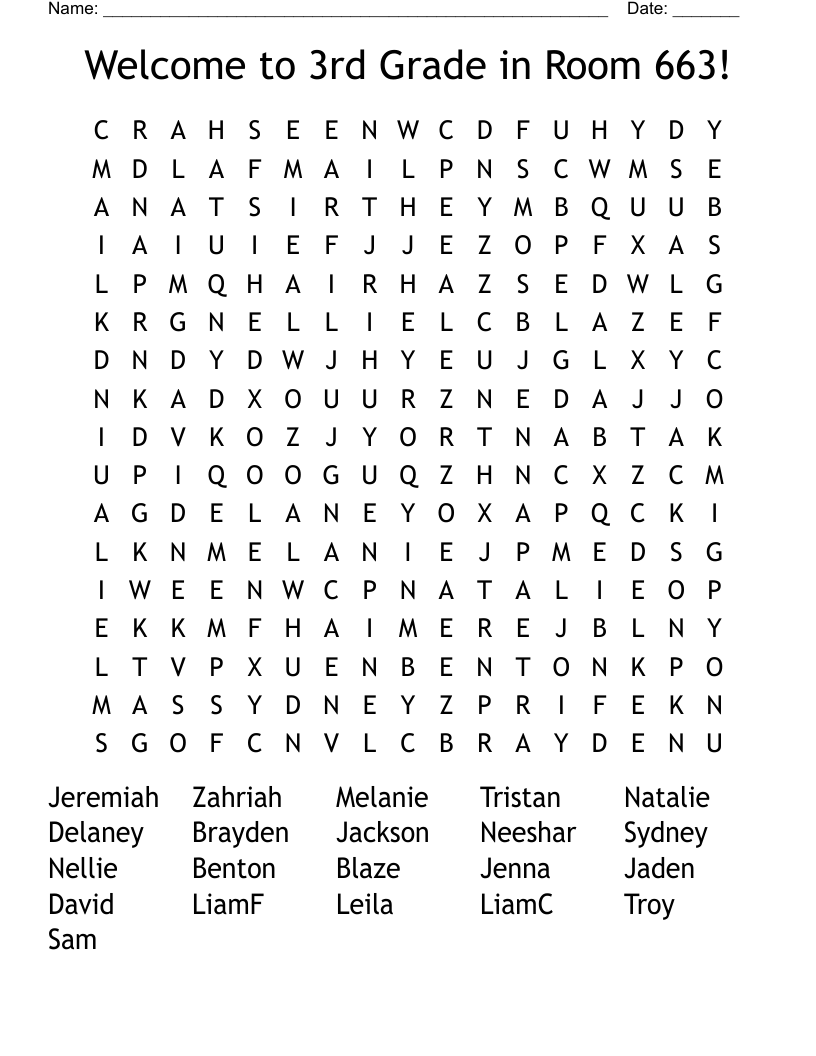 Welcome to 3rd Grade in Room 663! Word Search