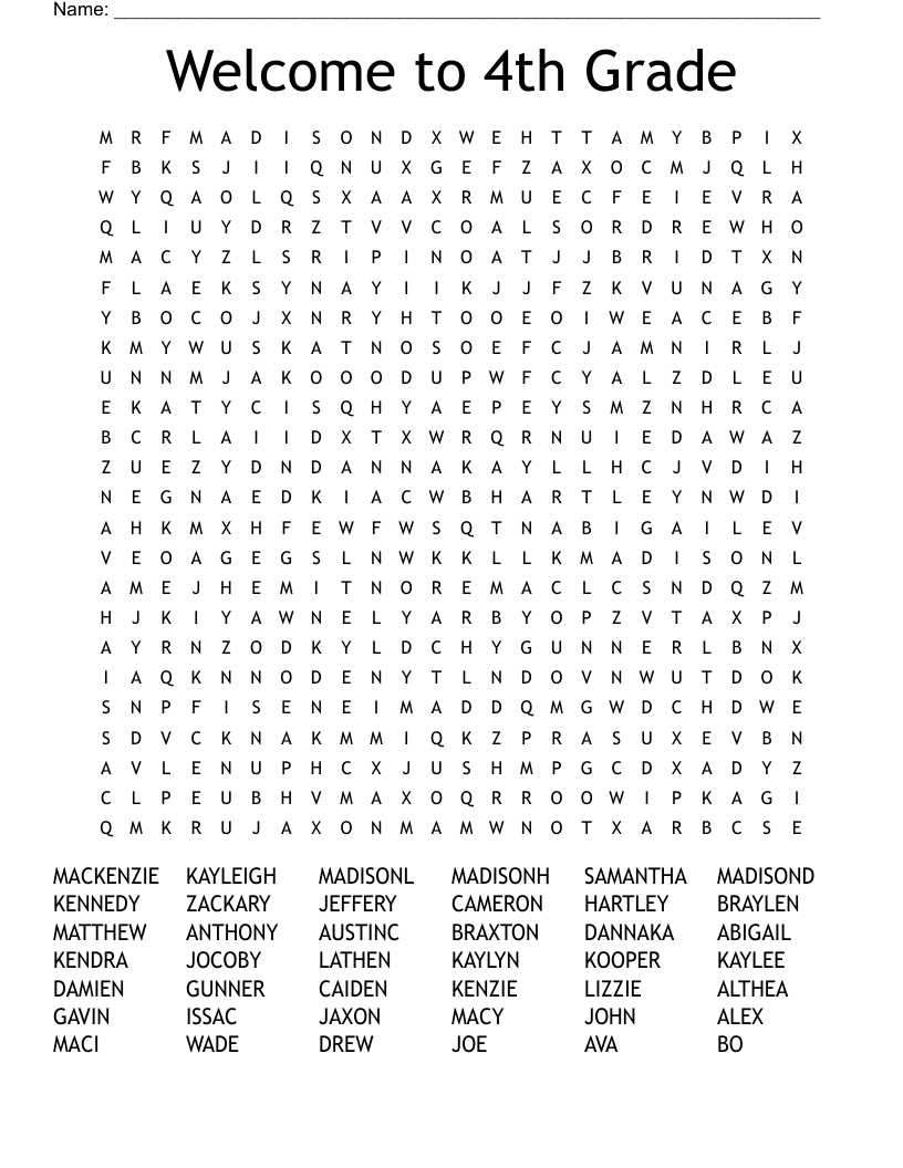 Welcome to 4th Grade Word Search