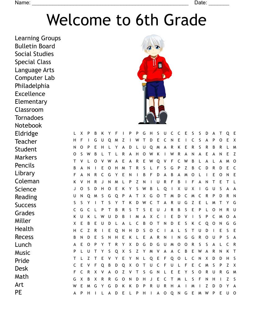 Welcome to 6th Grade Word Search
