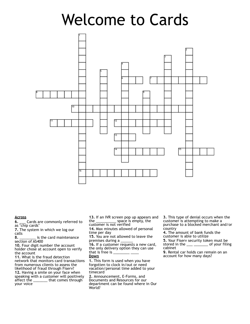 Welcome to Cards Crossword