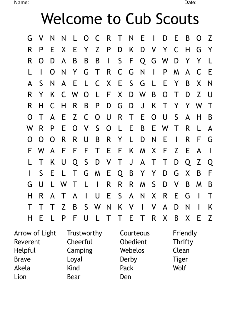 Welcome to Cub Scouts Word Search