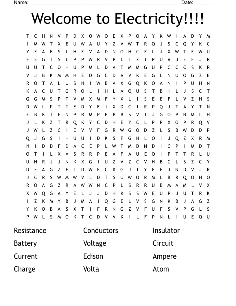 Welcome to Electricity!!!! Word Search