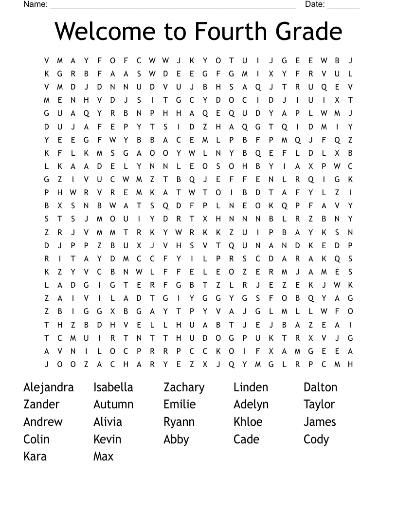 Welcome to Fourth Grade Word Search