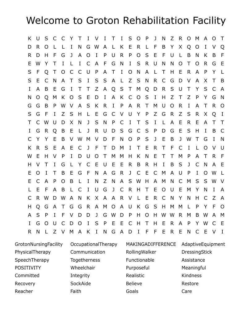 Welcome to Groton Rehabilitation Facility Word Search