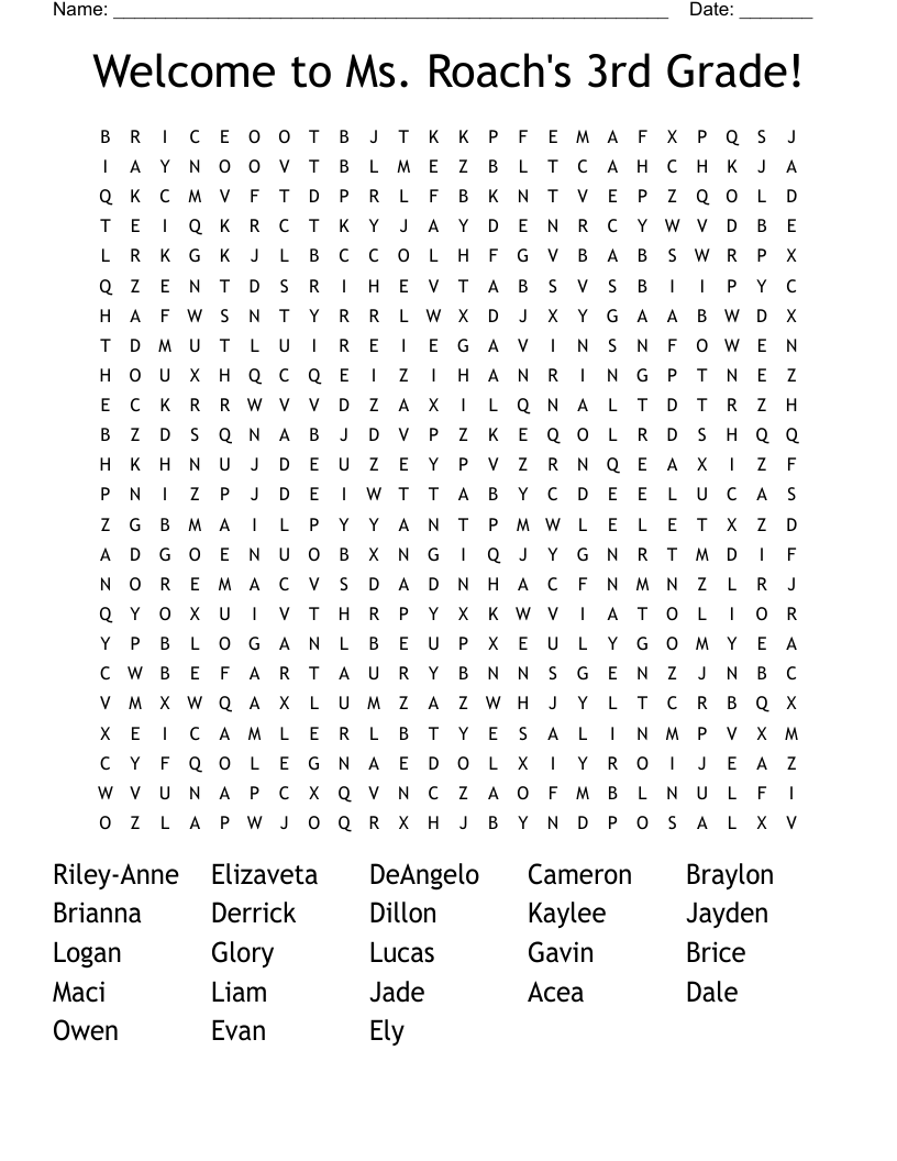 Welcome to Ms. Roach's 3rd Grade! Word Search